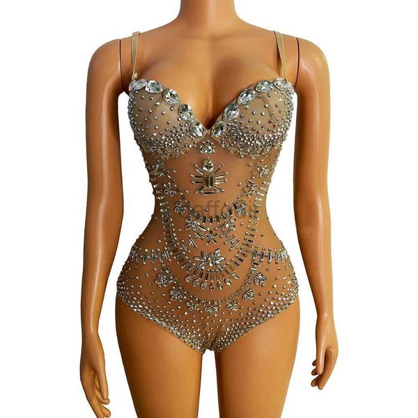 Stage desgaste de cristais prateados brilhantes Leotard Sexy Mesh Club Fort Celebrate Singer feminino DJ Rhinestones Bodysuit dance Costume Stage Wear D240425