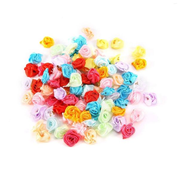 Dekorative Blumen 100pcs/Los Mini handgefertigtes Satinband Rosetten Stoffblumen Applikationen für Hochzeitsdekoration Bastelabnähtezubehör