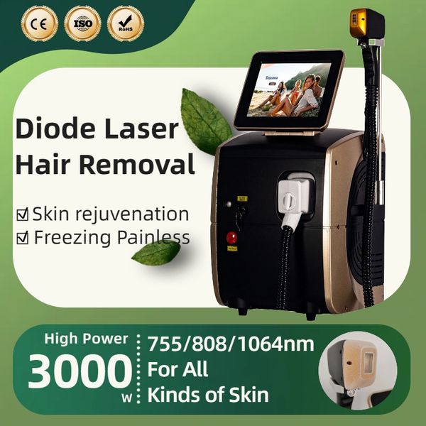 Melhor depiladorora laser novo sistema de refrigeração de platina preta Cuidado com a pele 808nm Máquina de remoção de cabelo a laser de diodo 3 comprimento de onda