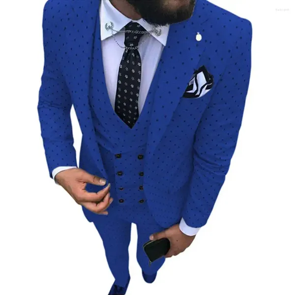 Мужские костюмы синий костюм 3 штуки повседневные пятнистые отвороты с двойной грудью смокинг -жестки для вечеринки (брюки блейзеры)
