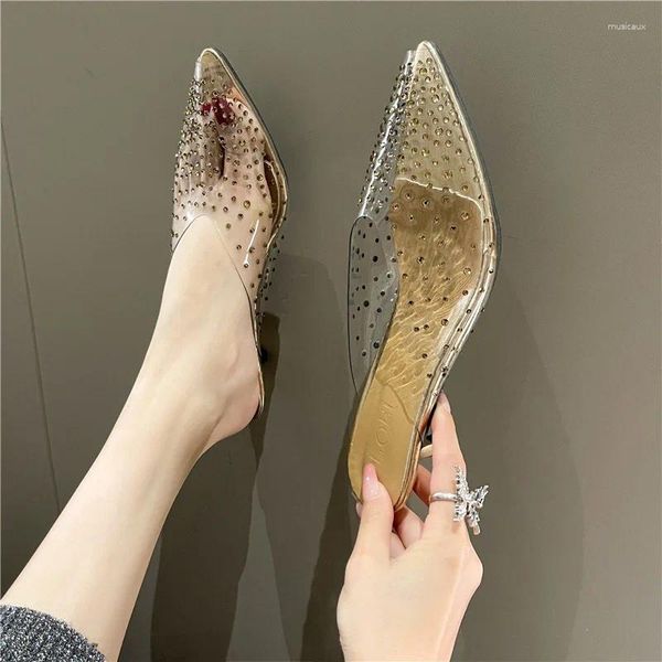 Scarpe casual estate in stile coreano sandali puntati eleganti tacco basso tacco da donna semi sliple sexy di strass sexy pantofole all'aperto