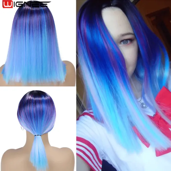 Perucas wiglee cabelos lisos curtos perucas sintéticas misturadas roxas/azuis naturais preto arco -íris sem glueless costplay mulheres cabelos diários perucas