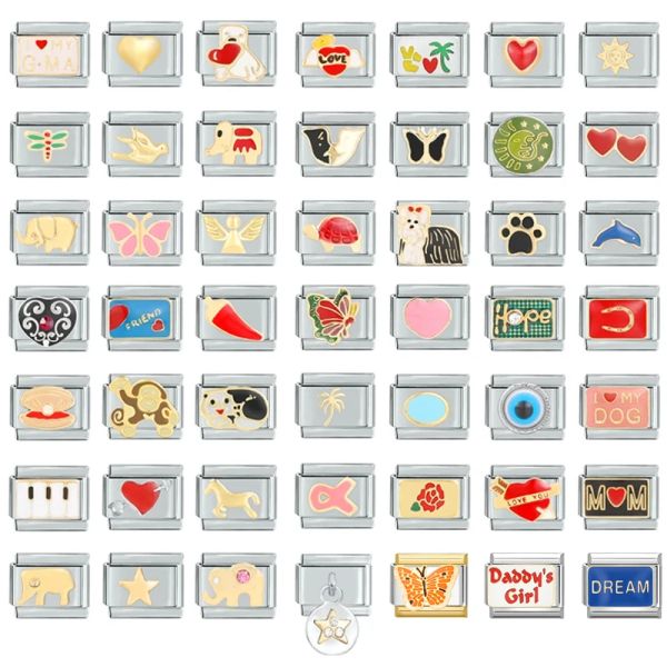 Stränge Vintage Love Heart Butterfly Dog Square Perlen Fit Italian Charm Links 9mm Edelstahl Armband Schmuck DIY MACHE MACHEN Großhandel