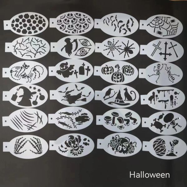 Stencils 24 pezzi Stencil per la pittura del corpo Art Art Halloween Birthday Party Faceup Tatuaggi temporanei Tatuaggi Stencil riutilizzabili Plastics