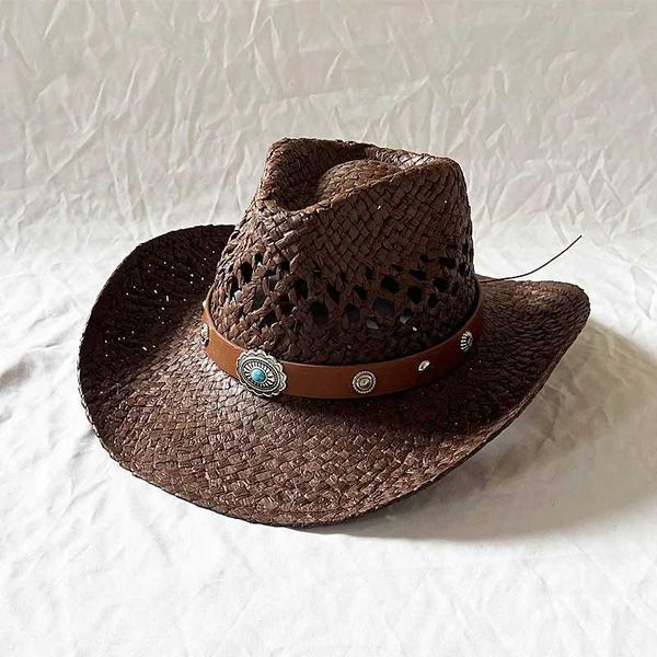 Chapéus de aba larga Chapéus de balde de caça -palha ocidental Hat 9cm Big Brim Beach Hat moda estilo étnico bohemia personalidade masculino chapéu de cowboy para mulheres sombrero y240425