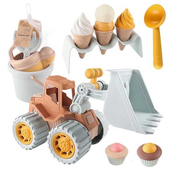 Brinquedos de areia infantil Brinquedos de praia Modelo de bolo de sorvete Bulldozer Beach Bucket Wheat Straw Summer Seaside Jogue Sand Water Game 240418