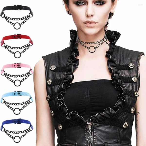 Anhänger Frauen Männer Punk übertriebene handgefertigte Kette Halskette O rund Black Metall Lederkragen Bondagegurt