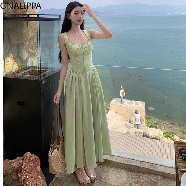 Vestidos casuais onalippa chic veias vestido longo verde para mulheres lacas de praia sólidas up maxi francês sem mangas