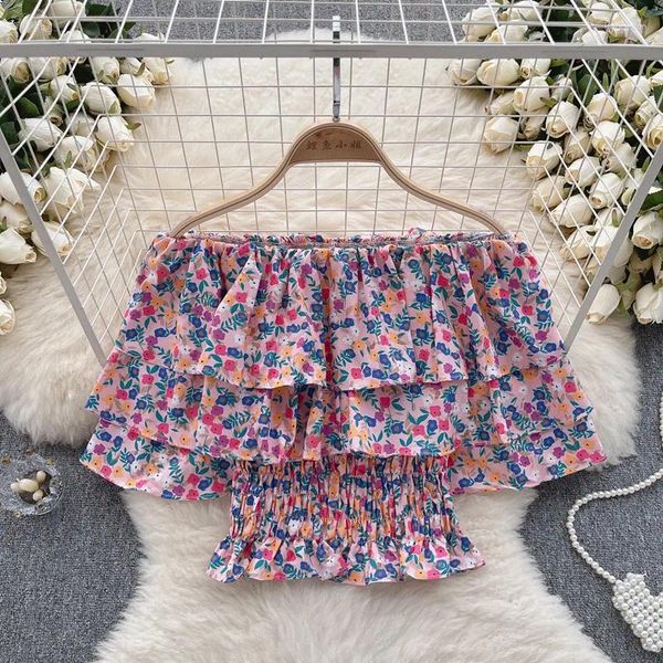 Frauenblusen Girl Style Blumen -Off -Schulter -Hemd Sommer Rüsche Falten Design Top