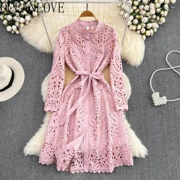 Lässige Kleider Oceanlove Lace Hollow -out Frauen Verband solide koreanische Mode Vestidos Stand Halsband Vintage Frühling Herbst Midi Kleid