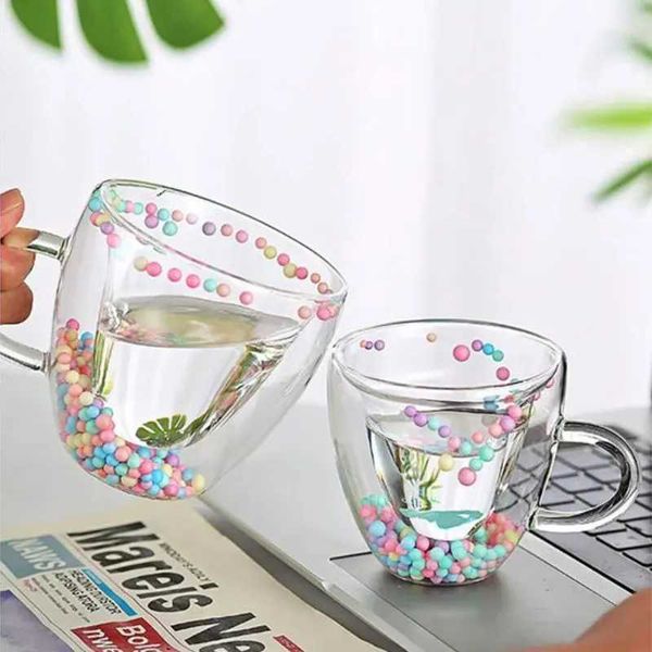 Tumblers de dupla camada de amor forma de areia de vidro com alça fofa coração criativo de água transparente de suco transparente H240425