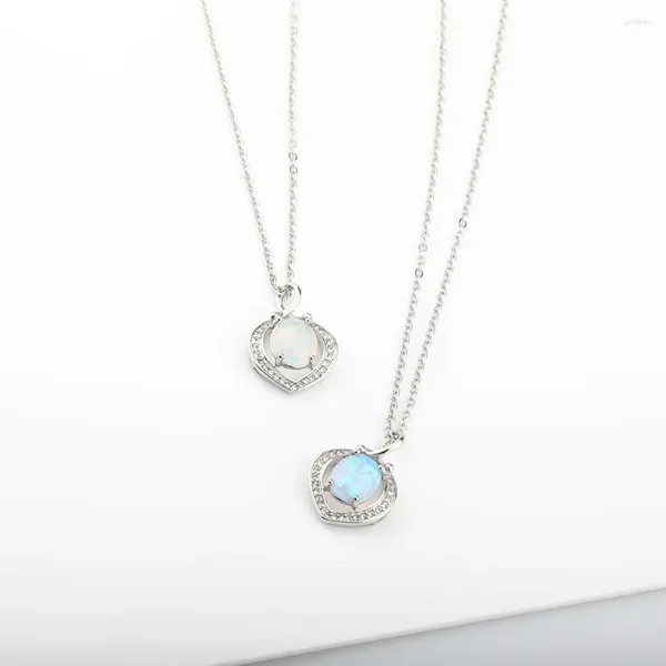 Anhänger Halsketten Edelstahl Süßes weibliches kleines runde Feuer Opal Stein Halskette Vintage Silber Farbe Hochzeit Schmuck Geschenk für Frauen