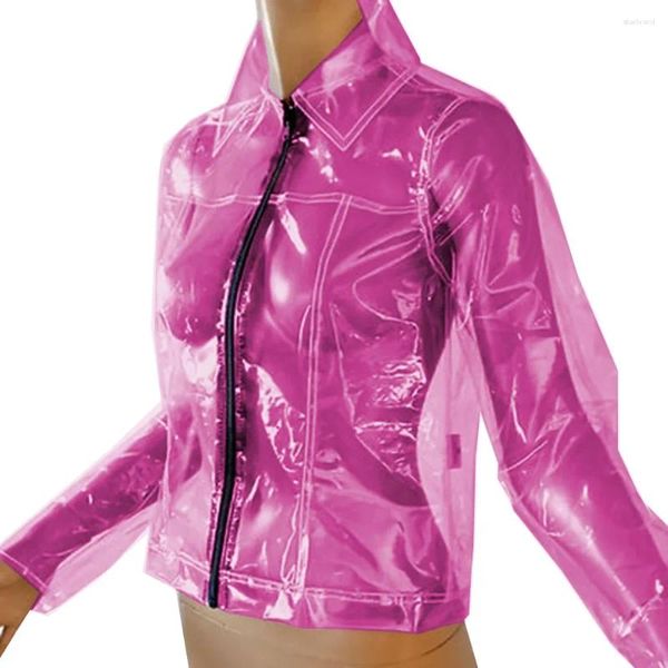 Jackets femininos Moda de manga longa Clear Plasitc Sissy Sheer PVC PVC Turn Down Collar Tops