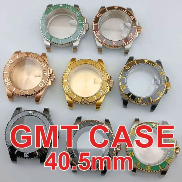 Fälle GMT Case 40,5mm Uhr Watch Herren silbry / schwarzer Stahl Hülle FIT NH34 NH35 NH36 Bewegung Hülle für Sapphire Glass Watch Box 28.5 Zifferblatt
