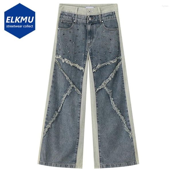 Jeans per i jeans rivetti patchwork blu coreano alla moda pantaloni dritti 2024 pantaloni di denim primaverili neri