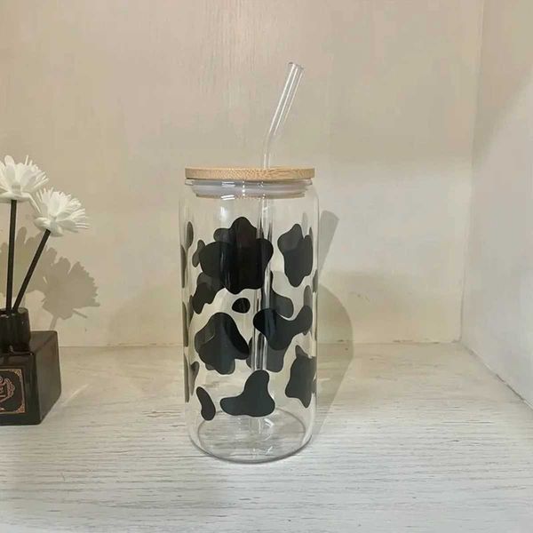 Tumblers Dairy Cow Pattern Drinking Glass pode com tampa de bambu palha de café gelado presente para amigos xícara de verão 17oz h240425