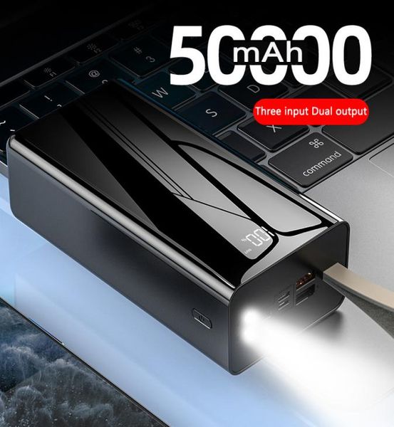 Банк мощности 50000mah Зеркальный экран 50000 MAH Poverbank для iPhone 11 Pro Xiaomi Powerbank с двойным светодиодным дисплеем фонарика9068147