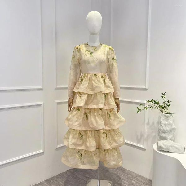 Lässige Kleider Seide Leinen 2024 Neueste Kollektion Hochwertig Vintage Elegant Blumendruck Cascading Rüschen Party Frauen Midi Kleid