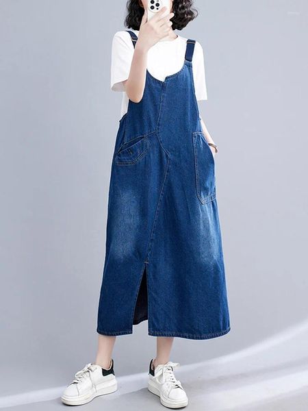 Vestidos casuais 2024 verão coreano mulher macacão vestido jeans vestidos cotovelas solto largo com tiras sem mangas suspensas