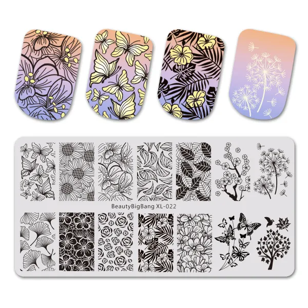 Art BeautyBigbang Blumen Nagelkunst Stempelplatten Schmetterling Pflanze Blatt Edelstahl Nagelstempel Vorlage Schablone Maniküre Werkzeuge