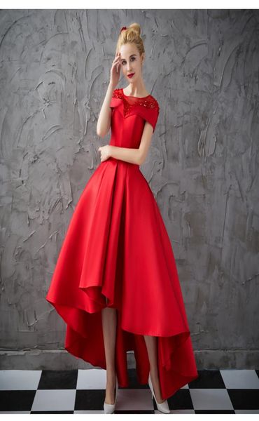 Boncuk Çay Uzunluğu ile Saten Saten Saten Renkli Kırmızı Hi Lo Prom Elbise Saten Gece Önlükleri Resmi Elbiseler Back6937475