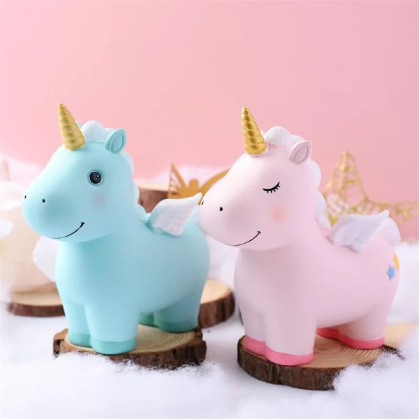 Caixas fofas de desenho animado Unicorn Piggy Bank for Children meninos meninos de resina grande resina animal economia de economia de economia de caixa de moedas armazenamento