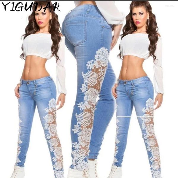 Jeans feminino Mulher Calça Lápis Patchwork Lace Lace Floral Hollow Out Skinny Denim 2024 Ashion Troushers for Women Ropa Mujer