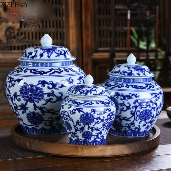 Trevilhas de lápides simples de porcelana azul e branca Tanque de armazenamento de cerâmica com tampa de chá cerâmica panela grande de armazenamento de armazenamento de armazenamento de armazenamento de armazenamento