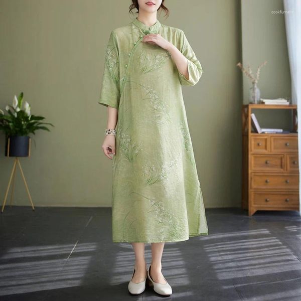 Платья для вечеринок 2024 Стенд воротниц в китайском стиле одежда для женщин лето тонкая светлая цветочная винтаж Свободный длинный Чонсам