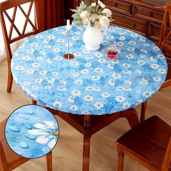 Tischtuch 122 cm wasserdichte öldichte elastische kantige blaue Blume runde Abdeckung PVC Desk Protector Bar Hochzeit Bankett Party Dekor