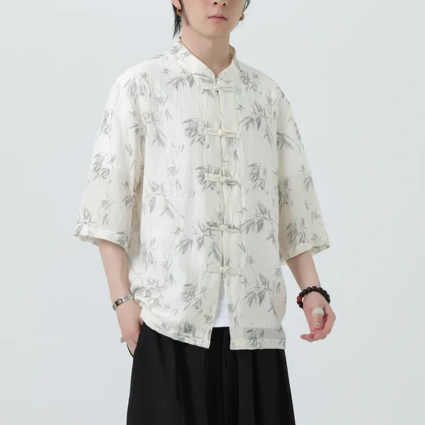 Herren lässige Hemden Chinesische Hemd-Hemd Herren Leinen Tang Kleid Hanfu Halbärmel Männliche Bambusdruckoutfit lose Tops M-xxxxxl