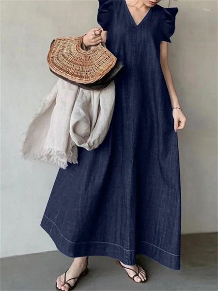 Lässige Kleider Vintage Blue Denim Frauen Sommer ärmellose gegen Nacken Lange weibliche lose einfache Urlaub Maxi Kleid