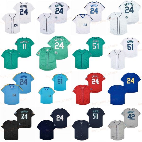 Aposentado 24 Ken Griffey Jr Jersey de beisebol 51 Suzuki Ichiro Vintage Retro Mesh Stitched Pullover