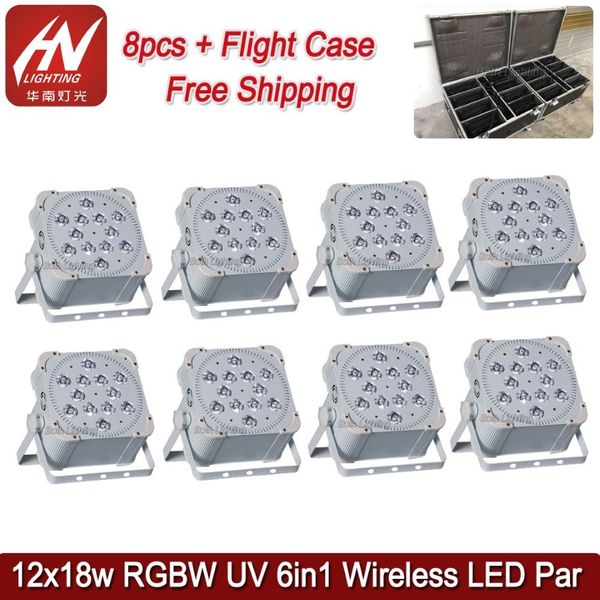8pcs mit Fly Case Wireless LED -Leuchten für Hochzeit 12 18W Batterieantrieb flacher Leuchten Wifiremote DJ Uplighter236K