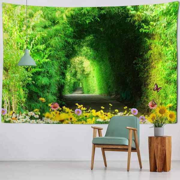 Гобелена Природная ландшафт 3D -печать гобелен зеленый бамбук лесной декор стена стена настенная эстетика комната Art йога