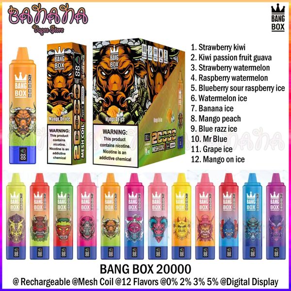 Bang Box 20000 Puffs Disponível Vape Puff 20k Display Digital Recarregável E-CIGARETTES 0% 2% 3% 5% Mesh bobina Vaper 12 Sabores