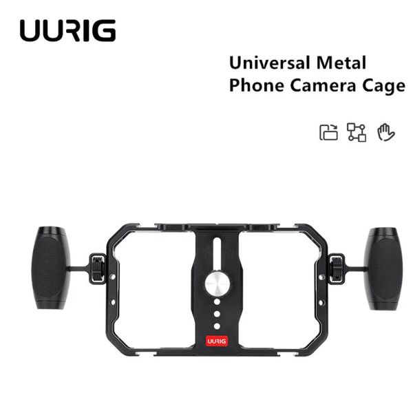 Studio Uurig Universal Phone Camera Cage Stabilizer W Handgrip Phone Titular para iPhone 15 14 13 Andriod Mic Led Light Filmmaking Video