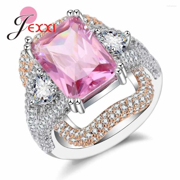 Clusterringe Frauen Lieblings -Ehering glänzender rosa Rechteck Kristall Bijoux Micro Inlay Voller weißer Zirkon 925 Sterling Silbernadel