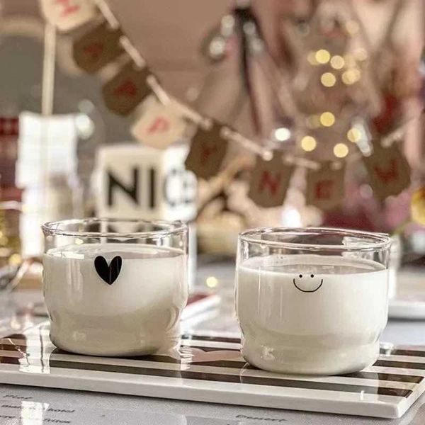 Tumblers 300 ml de amor/parede feliz copo de vidro de leite de leite de leite xícaras de coração resistente ao calor Drink saudável canecas canecas de chá transparente h240425