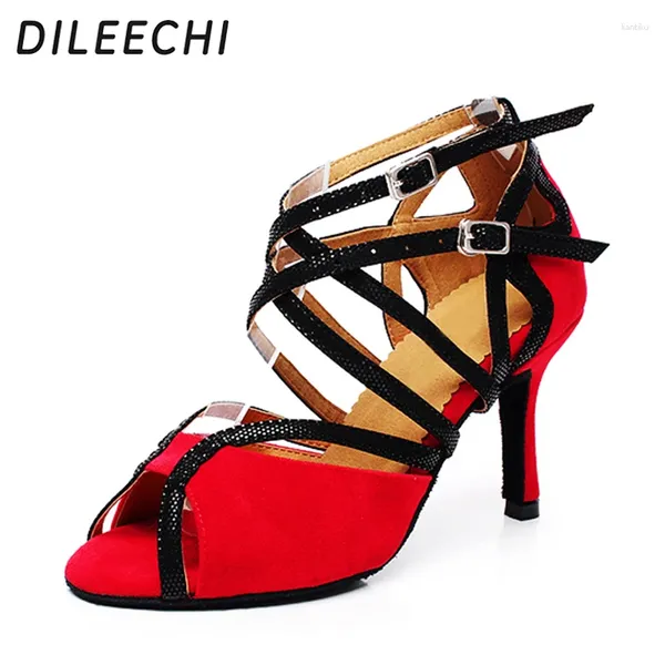 Sapatos de dança Dileechi vermelho azul de veludo feminino feminino adulto de salto alto de 8,5 cm dança de salão de baile de salto macio de 8,5 cm