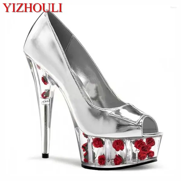 Elbise ayakkabıları 15 cm seksi yüksek topuklu romantik kristal gül gümüş/ gelin düğün 6 inç güzel çiçekler platformları