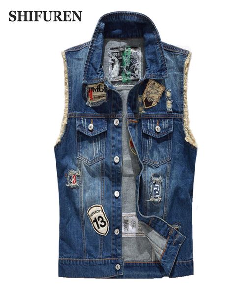 Shifuren strappata in jeans maschile design della moda patch cowboy giacche senza maniche jeans sfilacciate punk rock moistcoat9584493