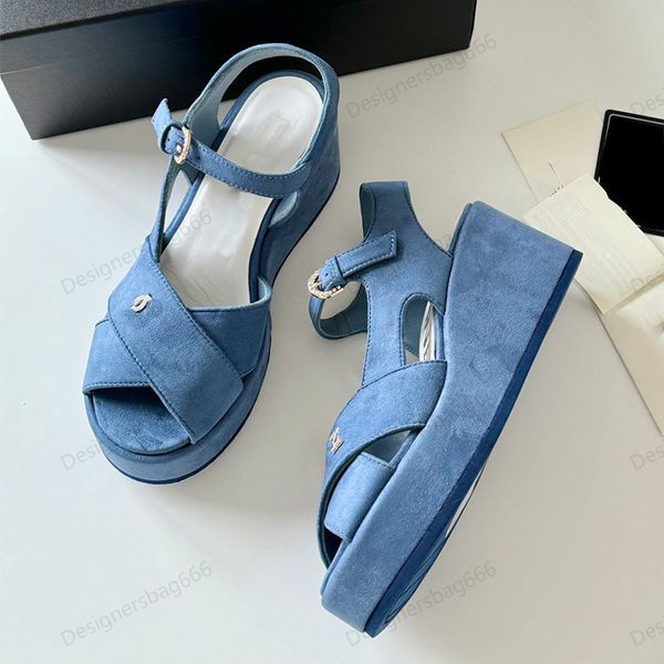 Wedge Женские дизайнерские сандалии открытые пальцы ног Sedud Denim Blue Lambskin Slingbacks Платформа каблука Высокий каблук с высоким каблуком 12 см.