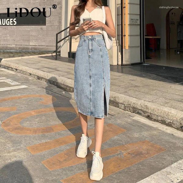 Signe Summer Fashion Elegante fessura femminile Spillata Denim Ladies High Waist Vintage Casual-Match CodyCon Gonna Abiti da femmina