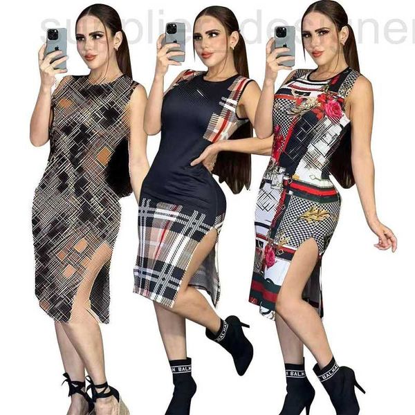 Landebahn -Kleider Designer DD0072 Frauen Frühling/Sommer Neue Mode sexy schlanke fit ärmellose runde Nacken geteiltes Tanktoberkleid V1Xs