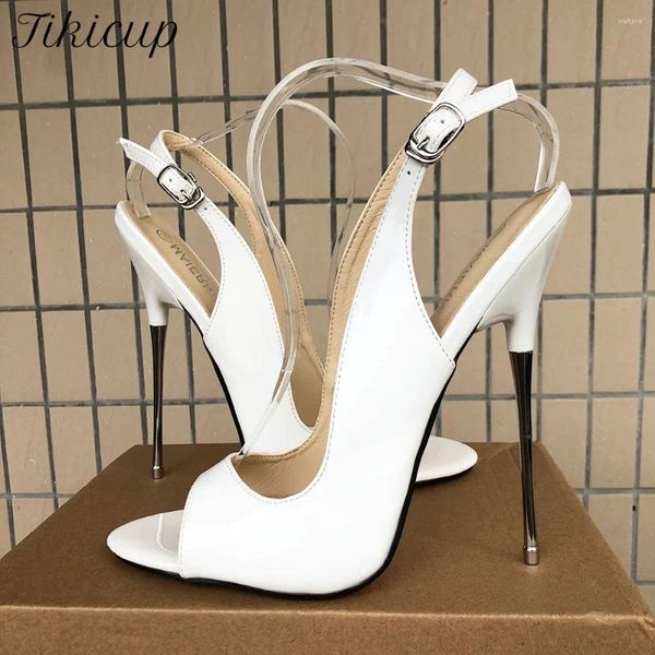 Kleiderschuhe Tikicup 16 cm Super High Metal Heel Sommer Frauen Open Toe Slingbacks Hochglänzende weiße schwarze Rose Sexy Stiletto Sandalen Pumps