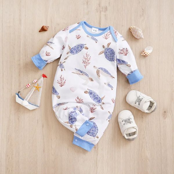 One-Pieces Frühlings- und Herbstjungen und Mädchen süße Cartoon Schildkröte überall in Drucken bequemer lässiges Langarmbody Body Bodysuit