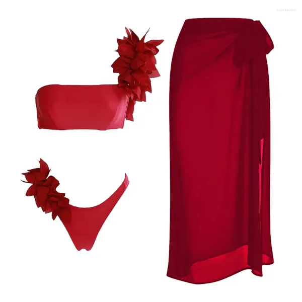 Roupa de banho feminina Red 3D ombro plissado Design de flores Halte