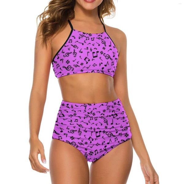 Frauen Badebekleidung Musik Notizen Bikini Badeanzug Purpur und schwarz hohe Taille Frauen sexy stilvolle Set Push -up -Muster Badeanzüge