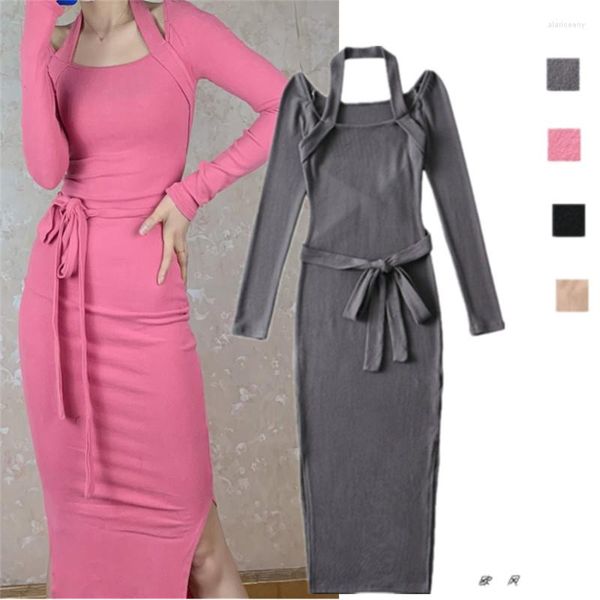 Vestidos casuais levemente maduros maduros nicho de nicho de halterneck colar de gola quadrada de manga longa Dress Smlin Fit Fig Figura lisonjeira Hong Kong